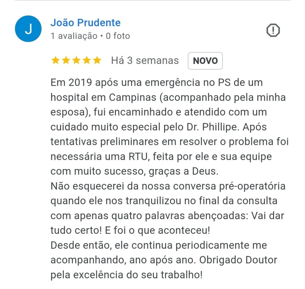 Depoimento de paciente elogiando o tratamento de RTU para Hiperplasia Prostática Benigna realizado pelo Dr. Phillipe em Campinas