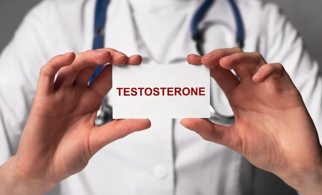 Palavra “testosterone” escrita em papel segurado por pessoa de jaleco ilustrando se a vasectomia diminui a testosterona.
