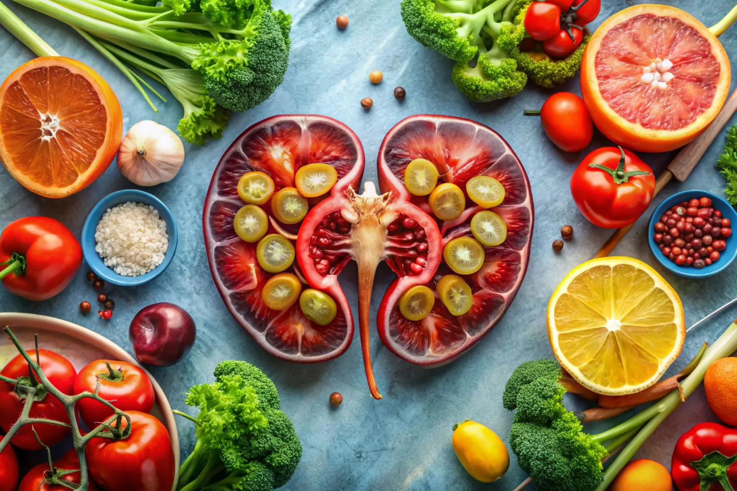Imagem ilustrativa de alimentos bons para os rins, com frutas e legumes em torno da representação do órgão.