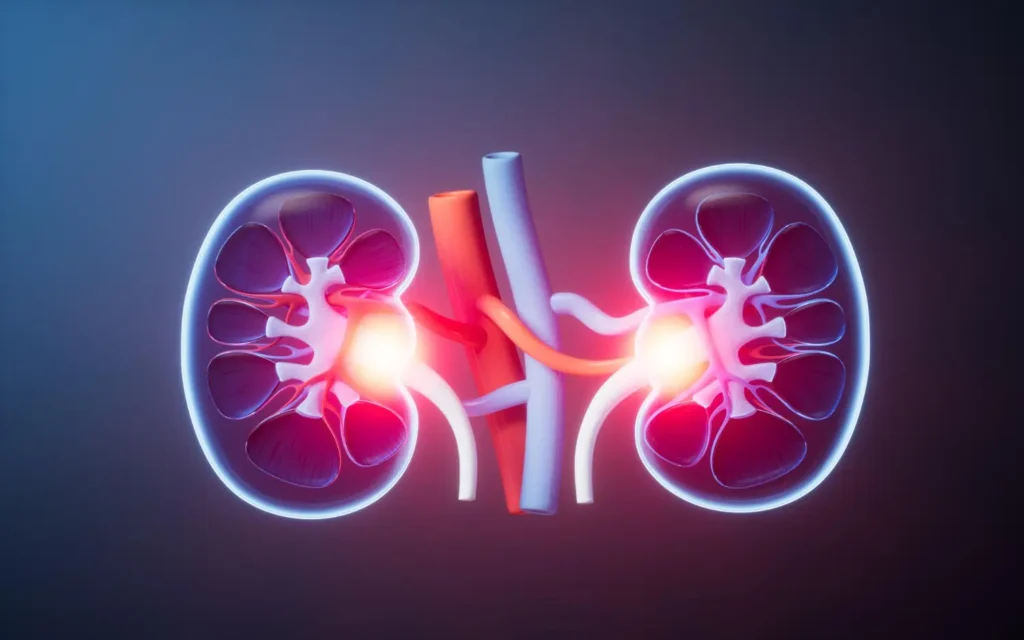 Imagem 3D de um sistema renal, simbolizando a relação entre ISTs e rins.