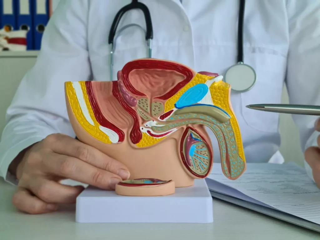 Médico usa modelo anatômico do sistema urinário masculino para explicar a cirurgia de próstata aumentada