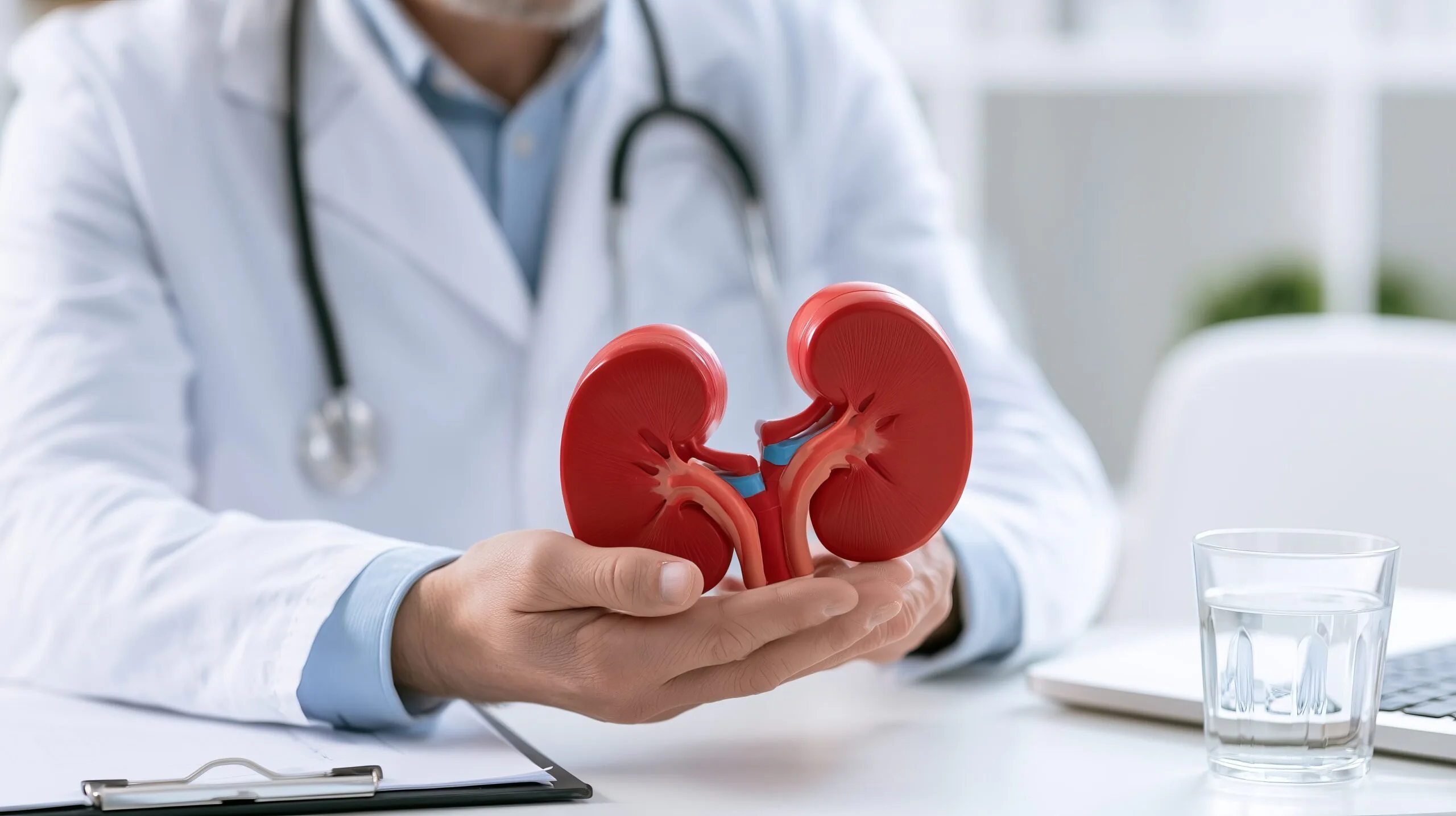 Médico segurando modelo anatômico de rins e ureter, ilustrando onde ficam as pedras presas no ureter